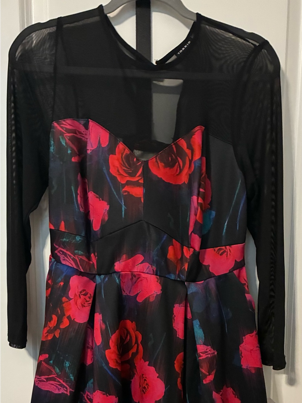 Torrid Black Floral Mesh-Sleeve Fit & Flare Dress - Red Rose Print